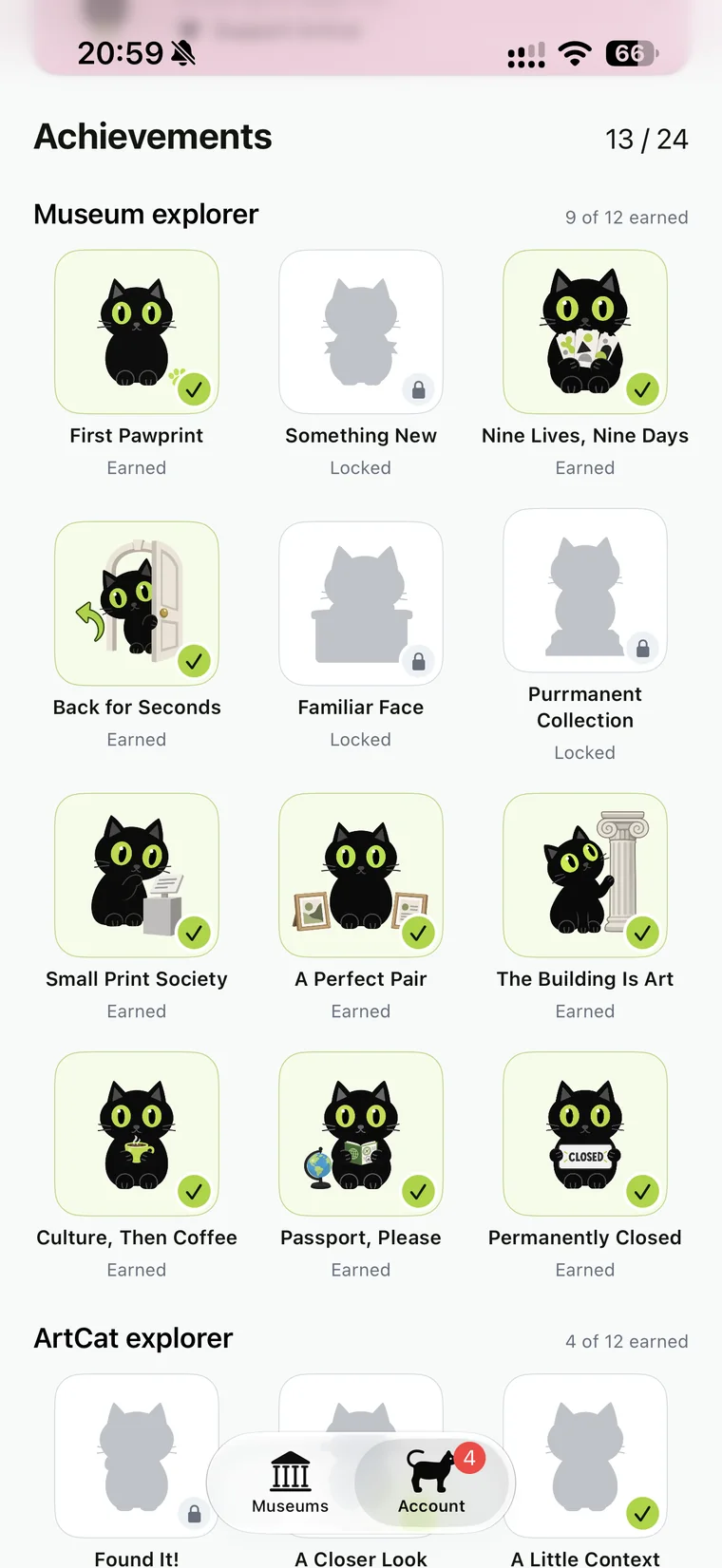 ArtCat achievement collection with illustrated cat badges