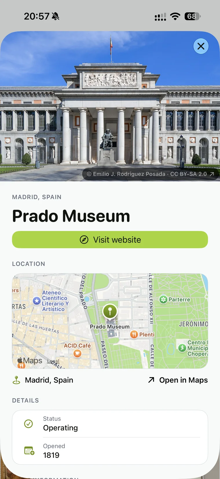 Prado Museum page with photo, location map, and museum details