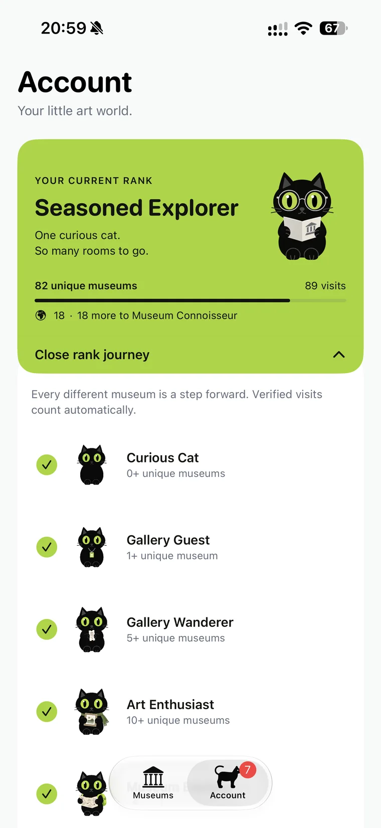 ArtCat account showing Seasoned Explorer rank
