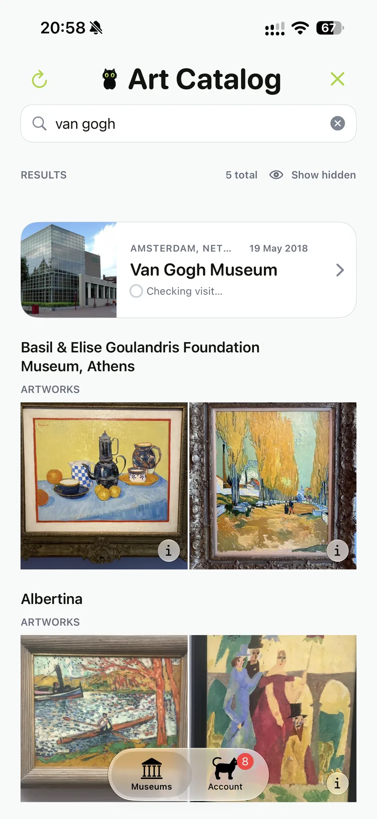 ArtCat search results for Van Gogh showing museums and artwork photos
